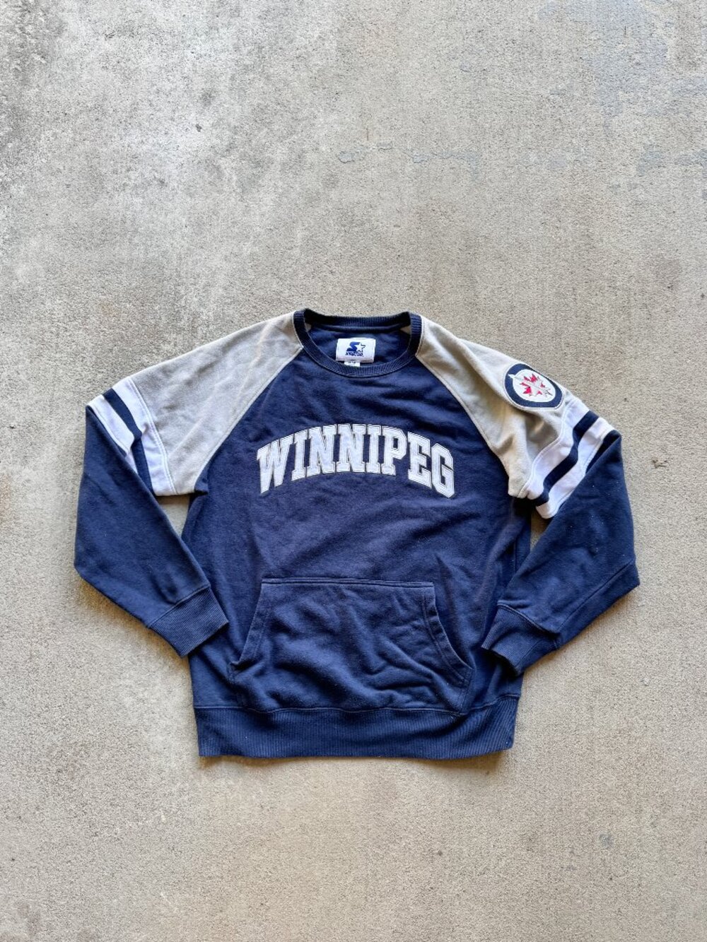 NHL Starter WINNIPEG JETS Navy Grey Cotton Blend Fleece Crew Sweatshirt, Size M